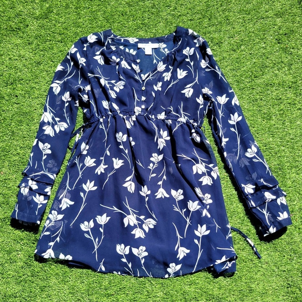 Motherhood Maternity Blue Floral Empire Waist Tunic Top Semi‎ Sheer Cami Liner